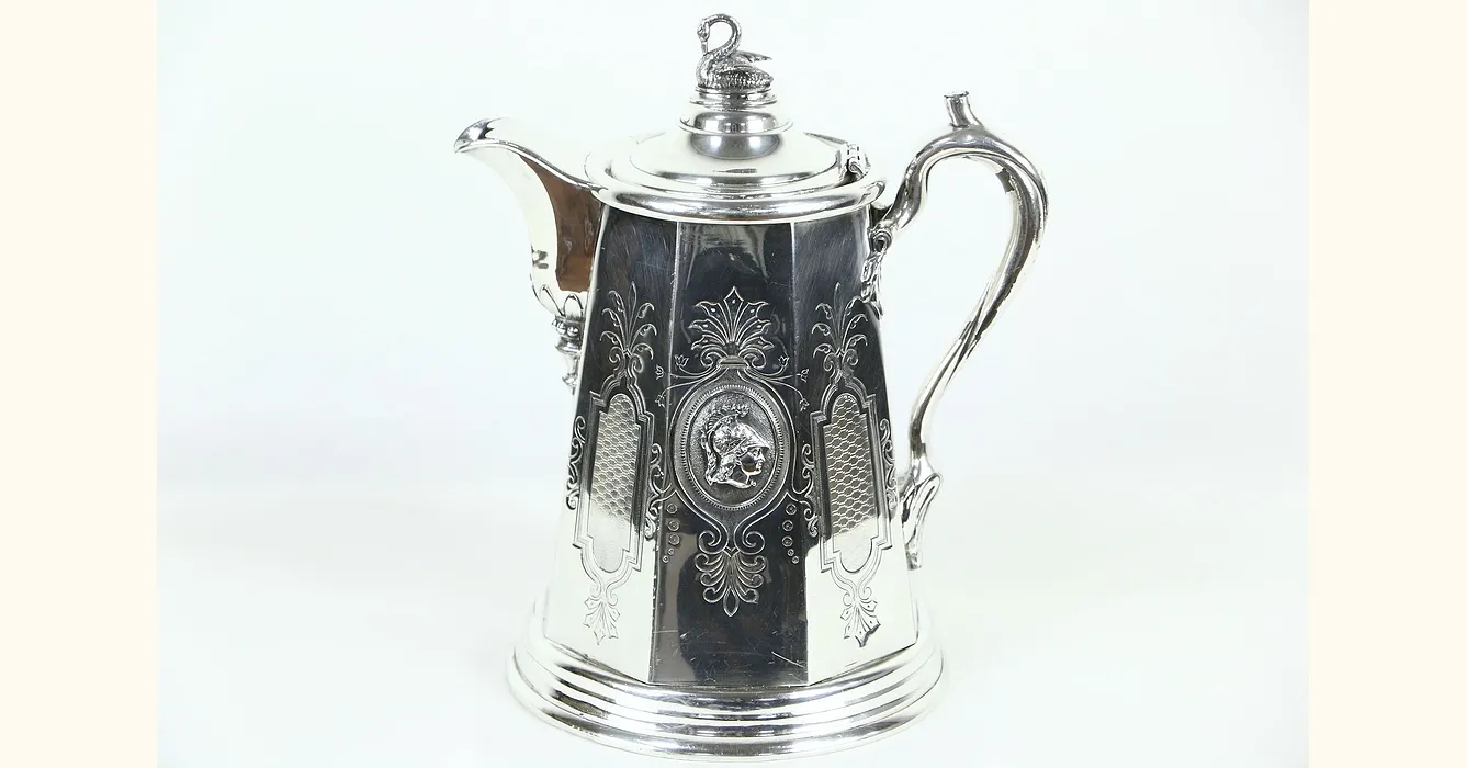 Antique Silver Plated Insulated Hot Water Pitcher with Leaf