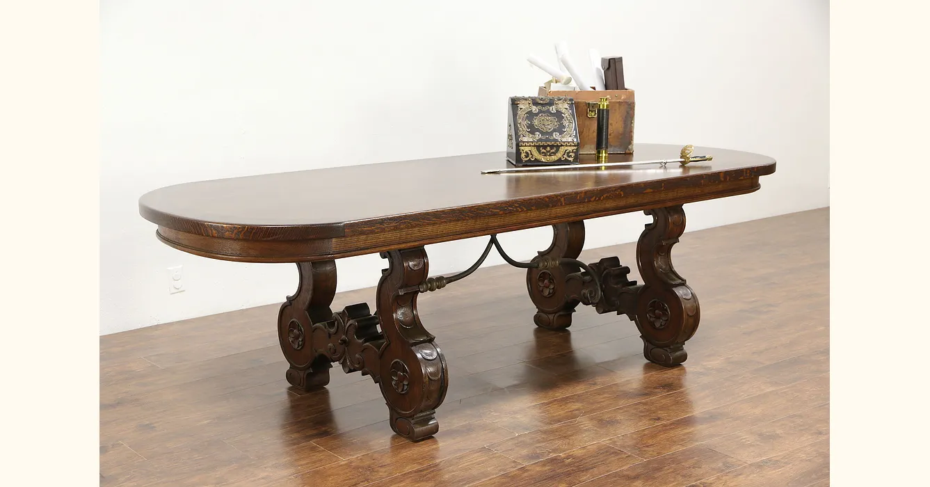 Spanish Colonial Carved Oak Desk, Hall, Dining, Conference or Library Table