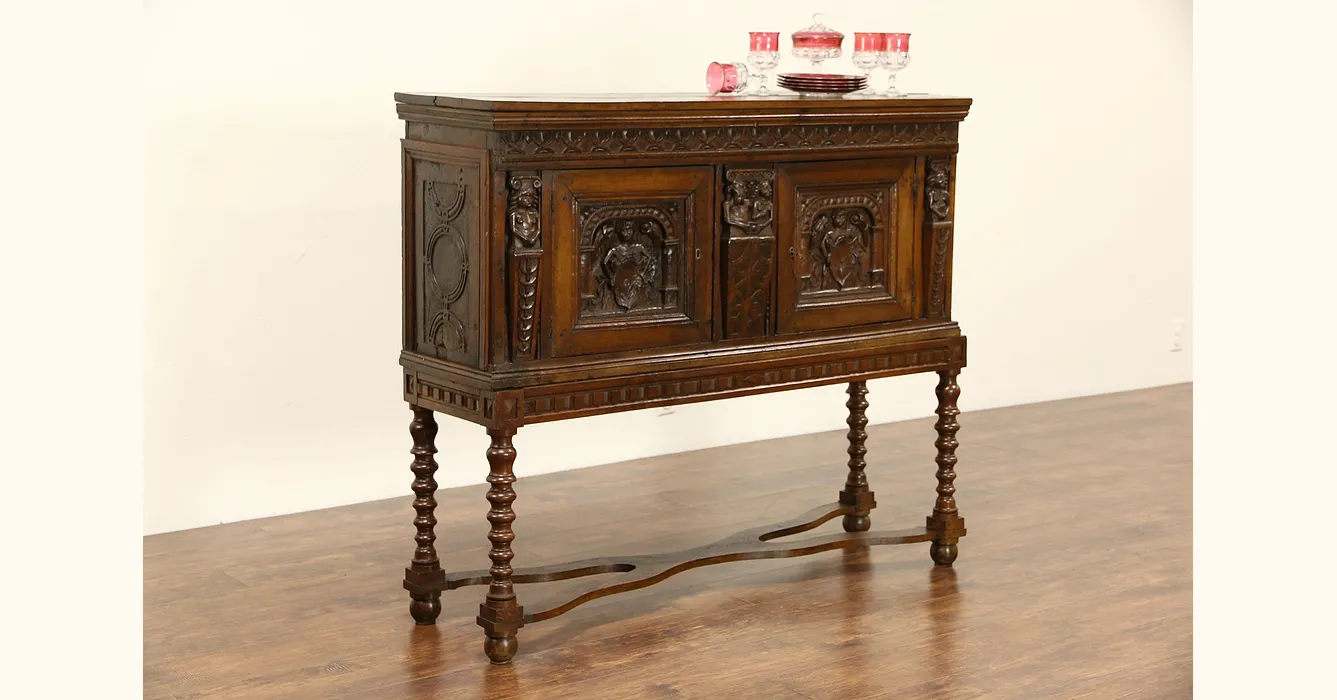 Dutch 1700's Antique Oak Sideboard or Console, Carved Figures, Later Base