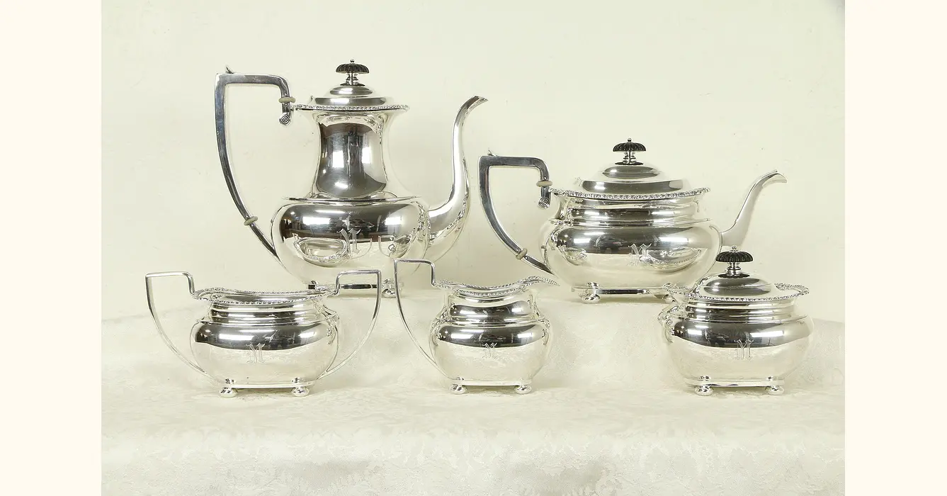 Exceptional Hand Engraved Gothic Revival Antique Sterling Silver Tea Set