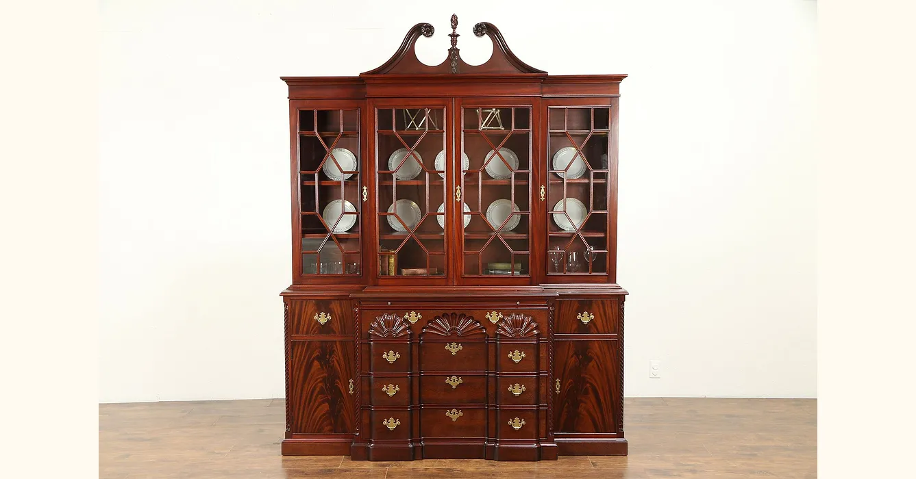 Georgian Vintage Hand Carved English Mahogany Breakfront China Cabinet  #31028