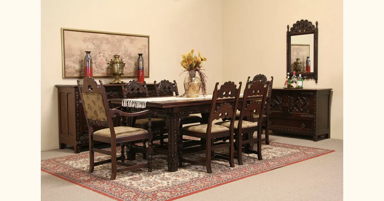 English Tudor 1925 Carved Oak Dining Set, Table & 6 Chairs, Sideboard ...