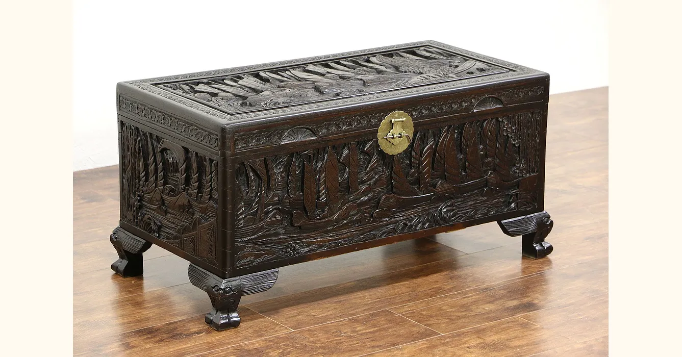 Chinese Camphor Wood Trunk, Dowry Chest or Coffee Table, Carved Ship Motif