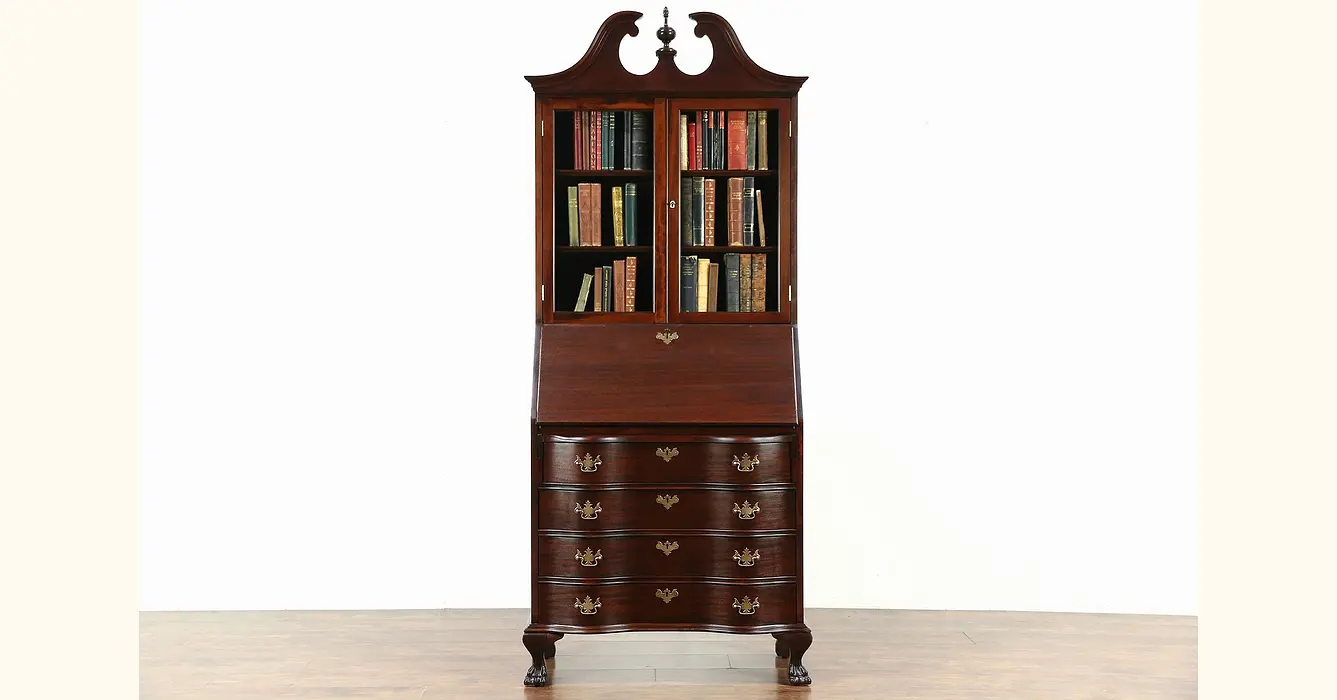 & 1930\'s Bookcase, Desk Signed Mahogany Carved Traditional Vintage Secretary