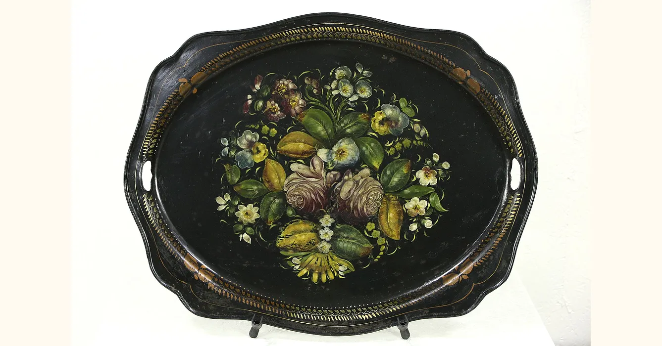 Victorian Antique 1860 Hand Painted Tin Toleware Tray