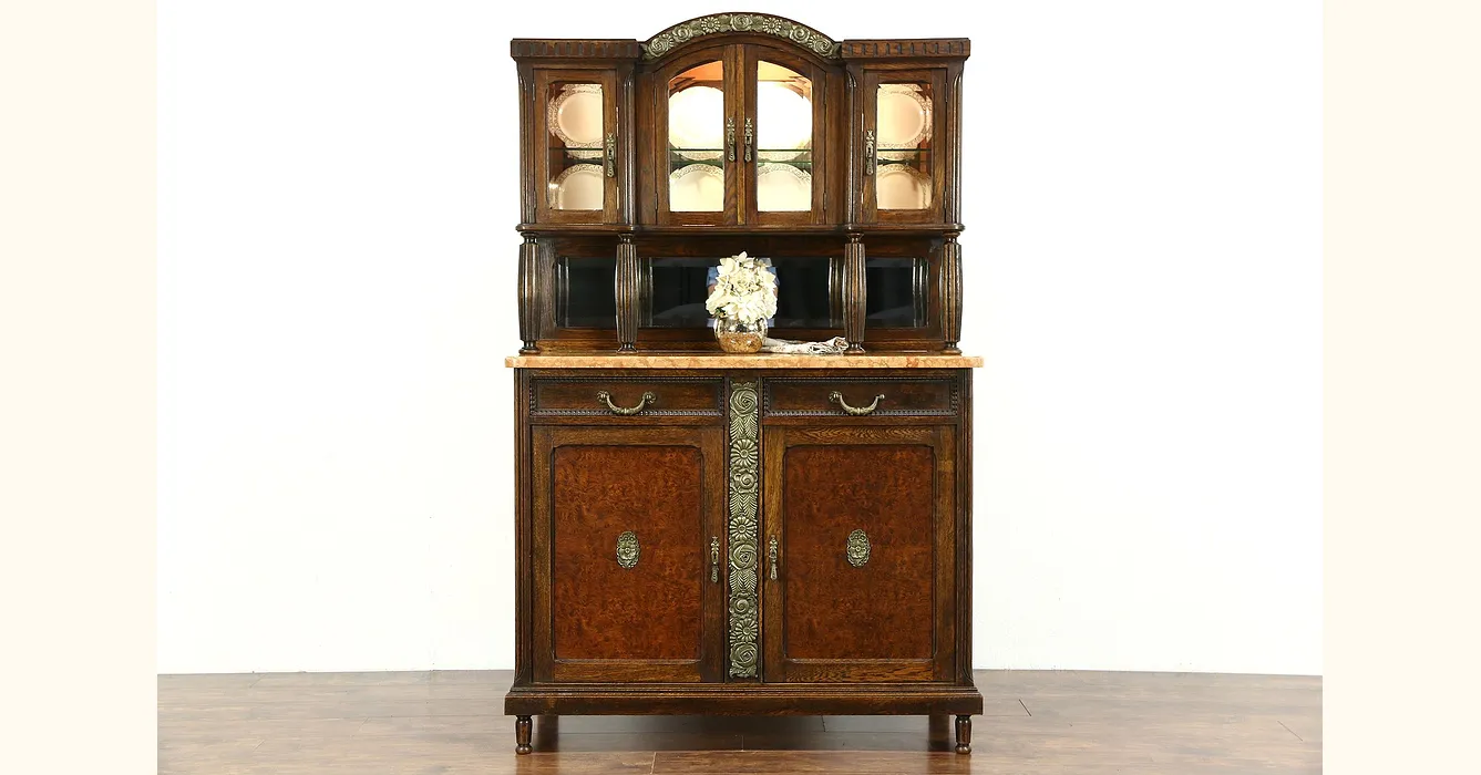 Art Deco 1920 Antique Marble Top Server, Sideboard China Cabinet, Belgium