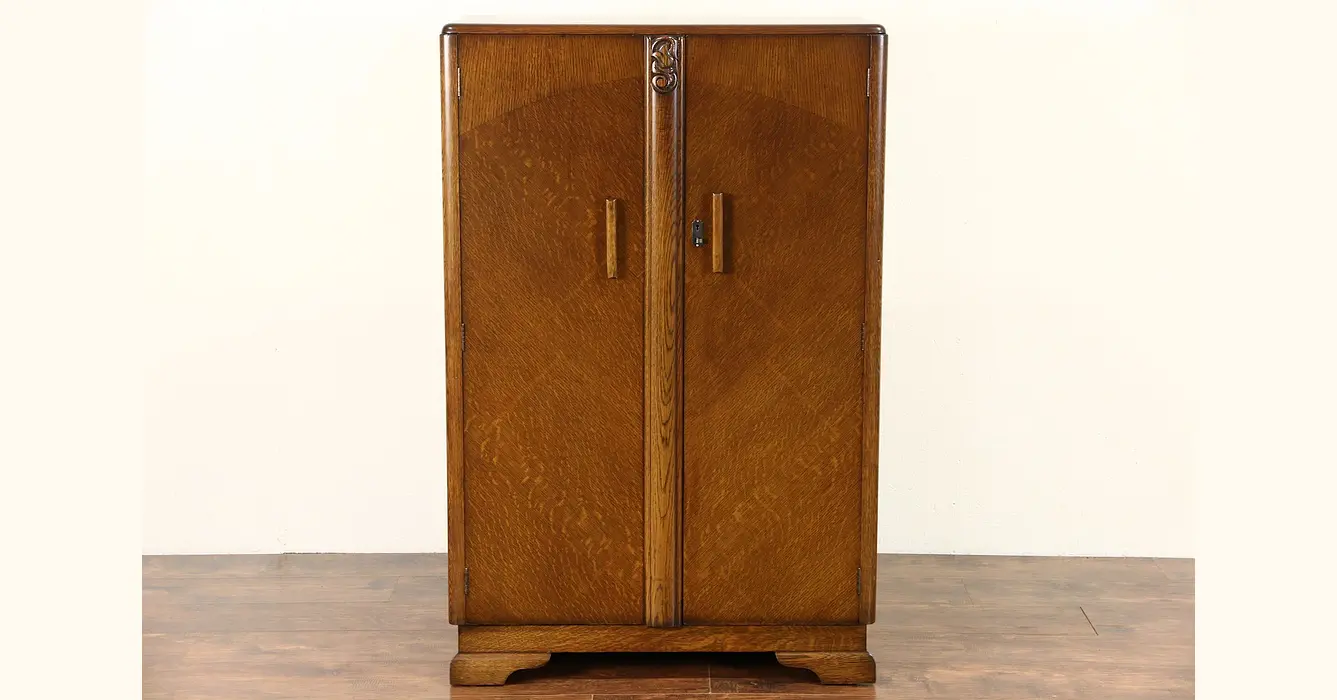 English Art Deco 1930's Oak Armoire, Wardrobe or Closet