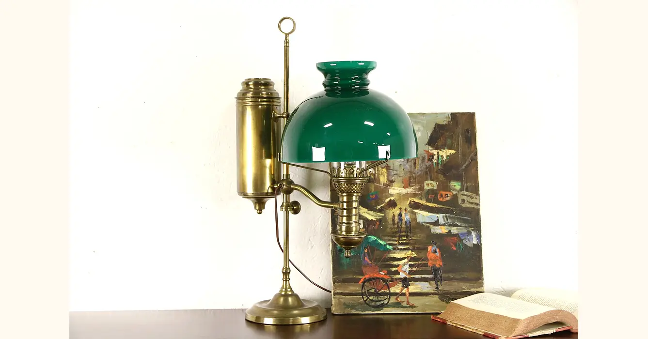 Early Vintage Brass Oil Lamp Look with Emerald Green Glass Shade