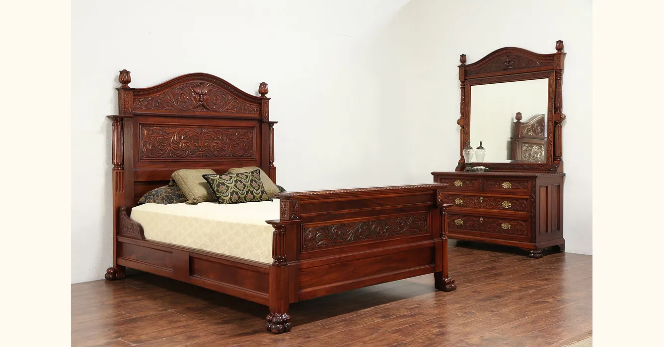 Northwind Design Hand Carved Antique Mahogany Queen Size 2 Pc Bedroom Set