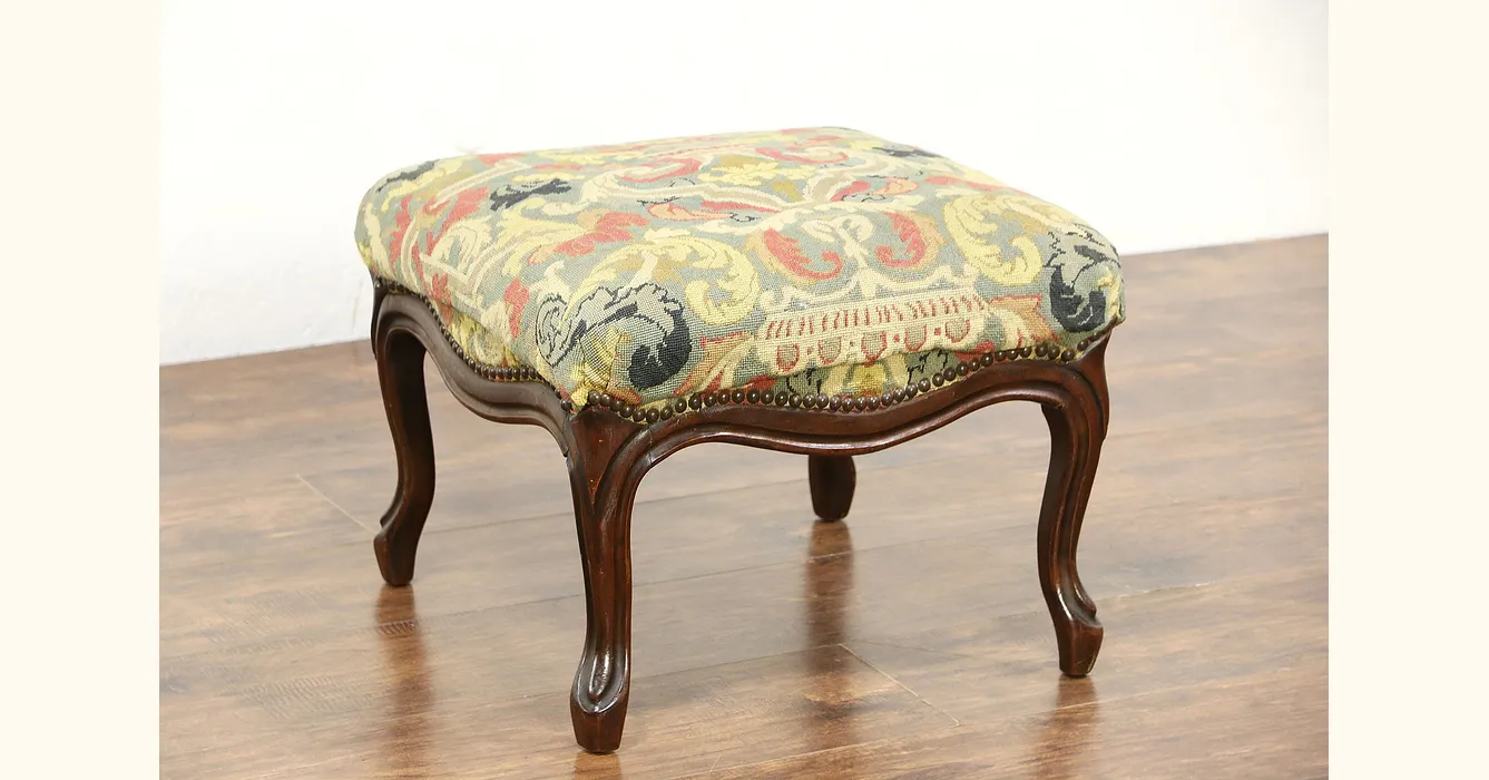 Needlepoint Upholstered Antique 1900 Maple Footstool