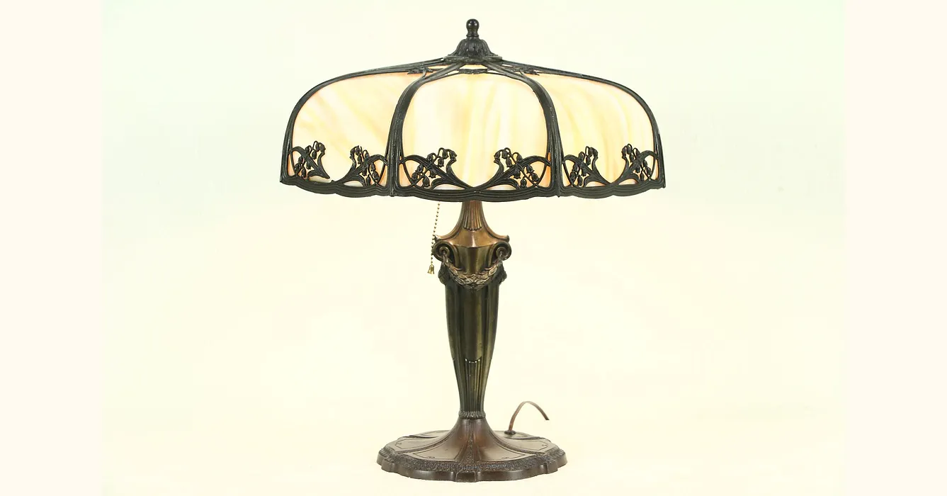 Stained Slag Glass Curved 8 Panel Shade Antique 1920 Lamp