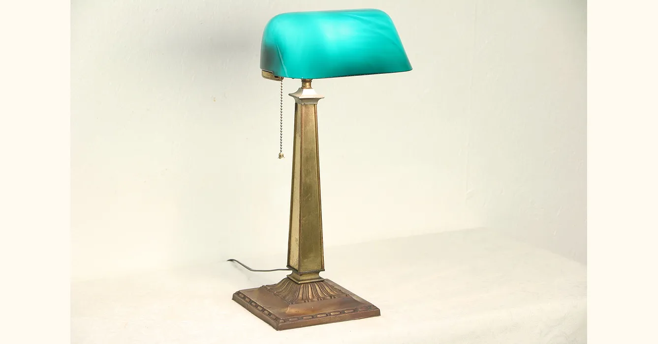 Emeralite Signed Emerald Green Antique Brass Banker Desk or Piano Lamp