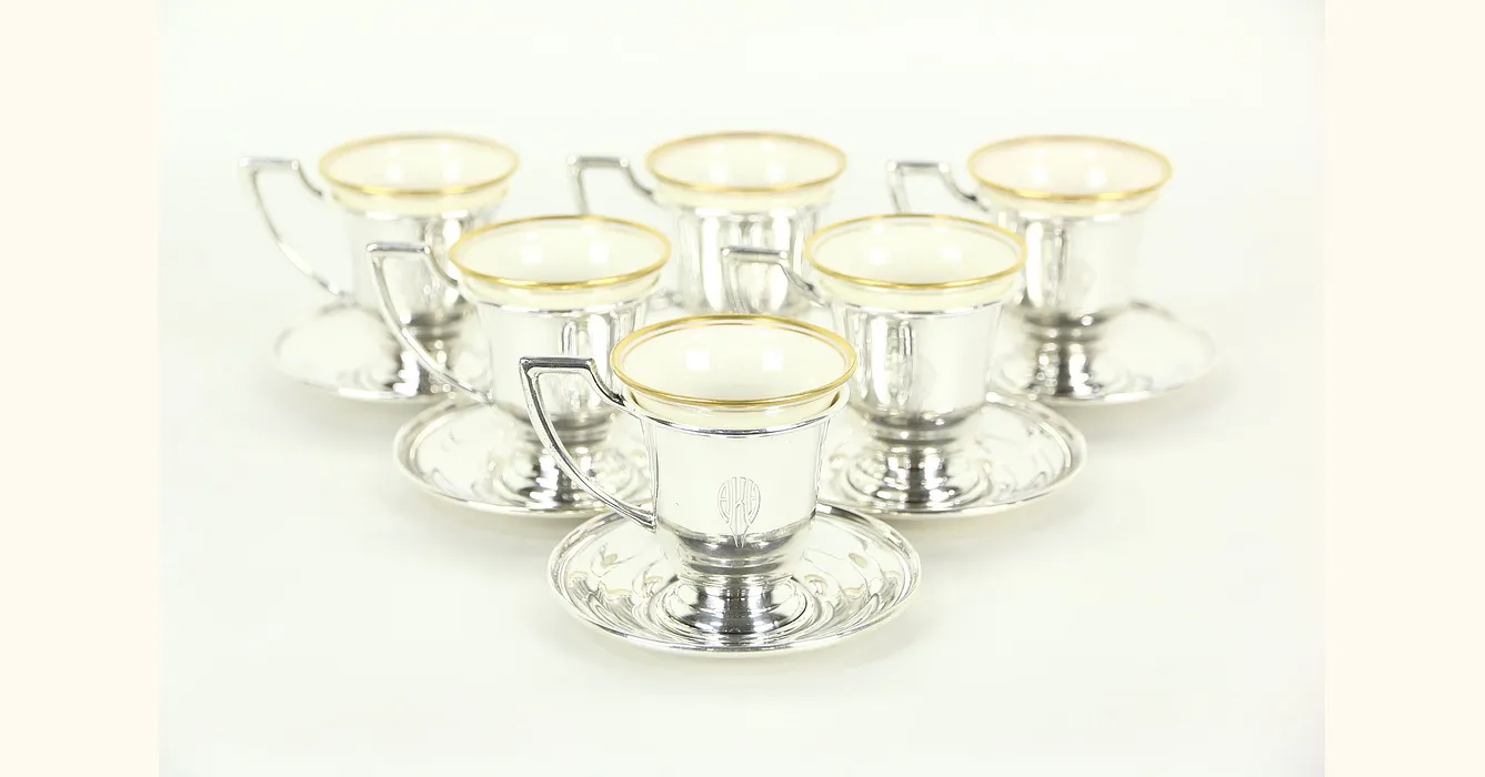 8 LENOX Demitasse Espresso Cups w/Elgin Silver Co Sterling 2032 Holders  Vintage