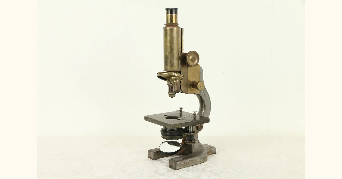 Victorian Brass & Iron Antique English Microscope, Hawksley London #30886