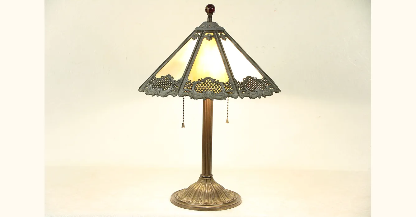 Lamp with Antique Stained Glass & Filigree Shade, Glass Marble Finial