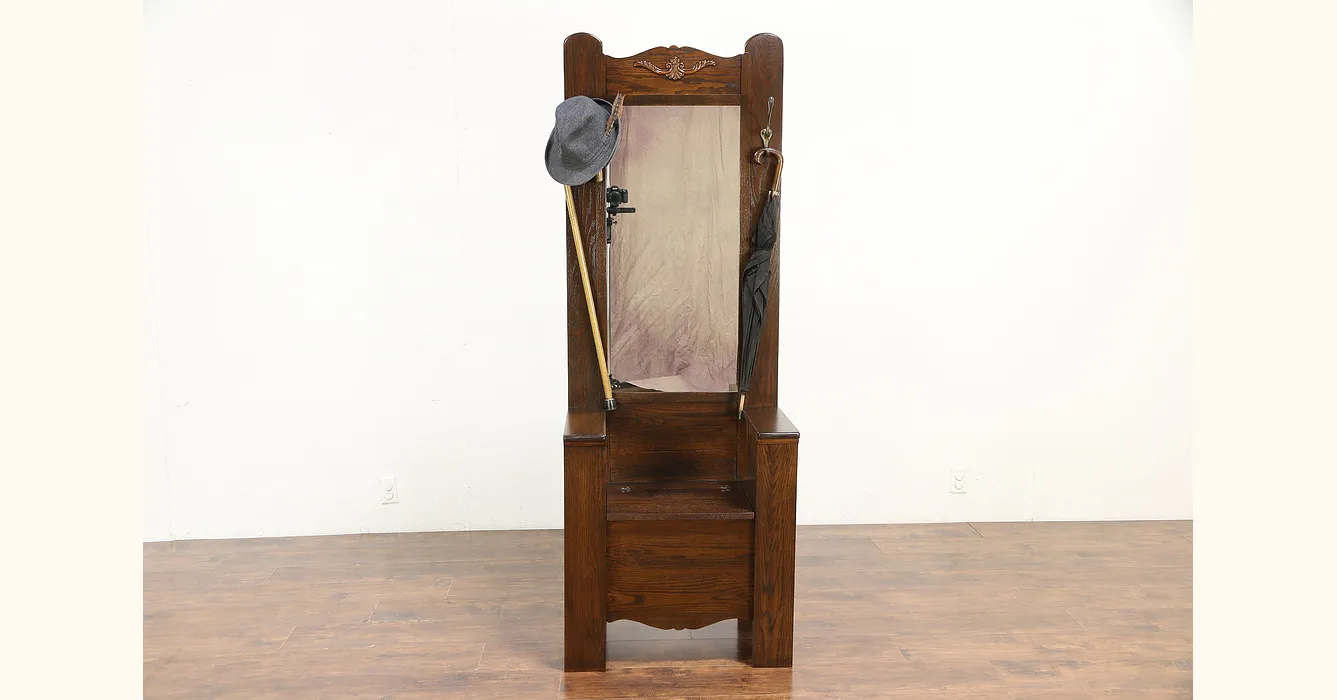 Victorian Antique Oak Hall Mirror & Hat Rack