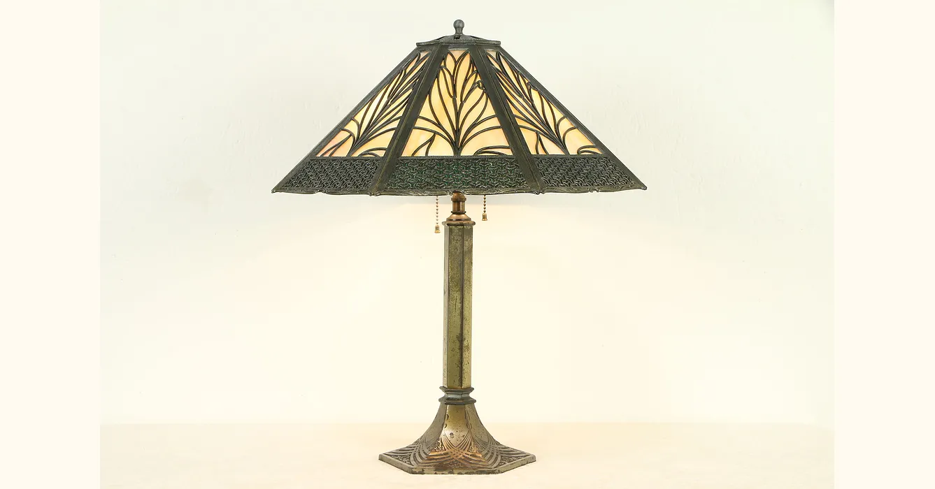 Filigree 8 Panel Filigree Stained Glass Shade Antique Lamp