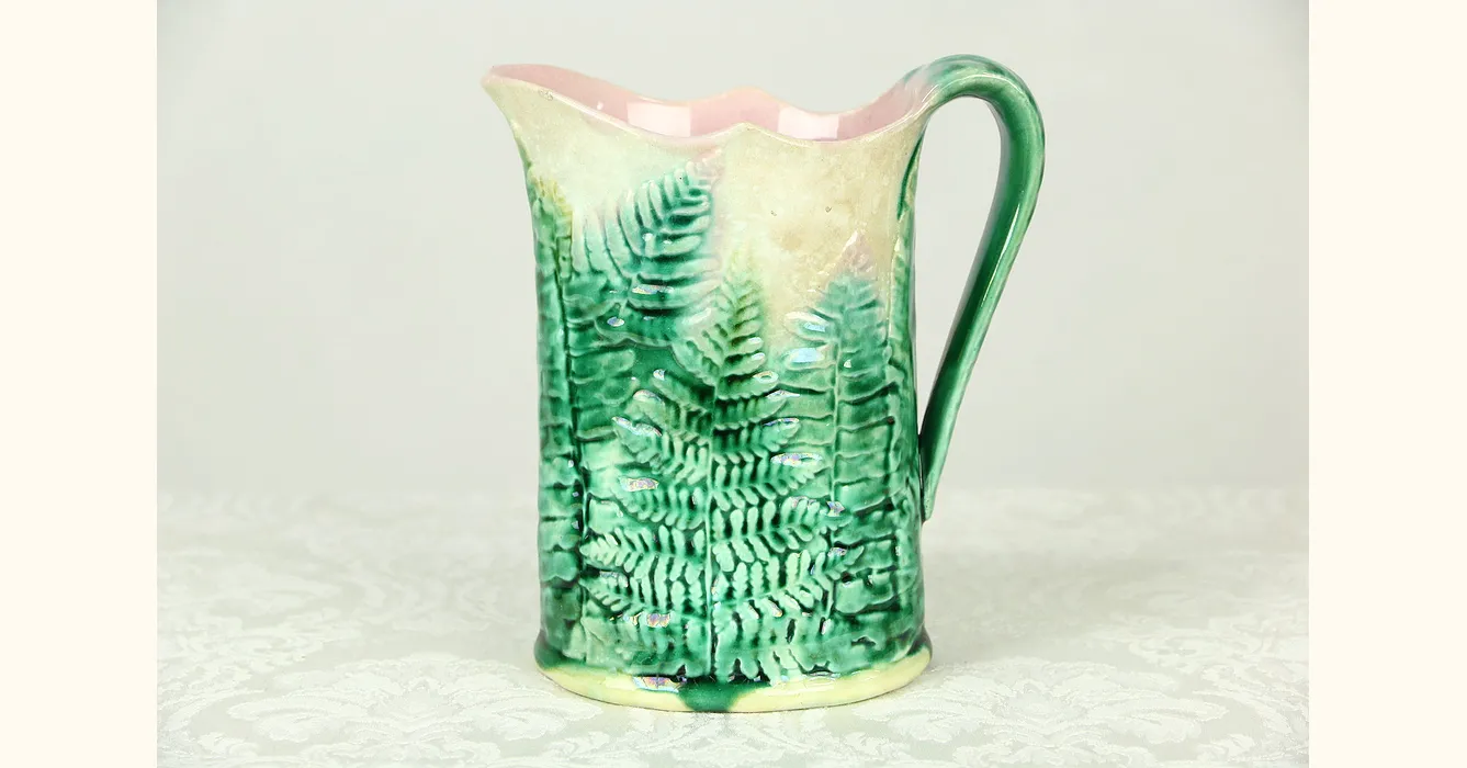 Ceramic Majolica Anfora Pitcher Gold Leaf White Leaves