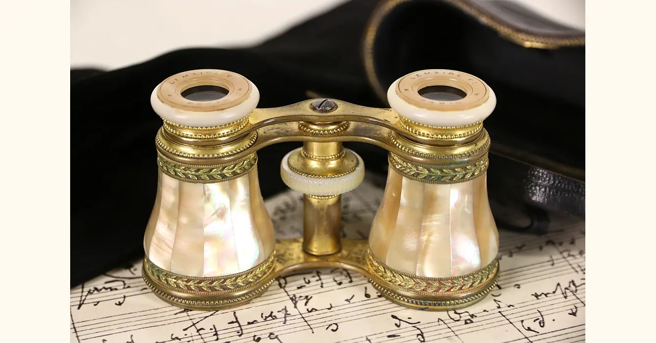 French 1900 Antique Pearl Opera Glasses, Signed Lemaire Paris, Leather Case