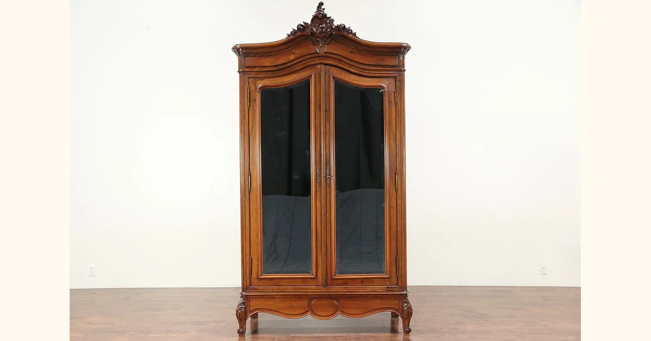 French Hand Carved Walnut Antique Armoire, Beveled Mirror Doors