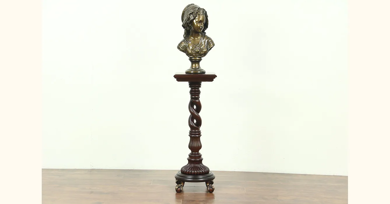 Mahogany Antique Plant Stand Sculpture Pedestal, Spiral Column