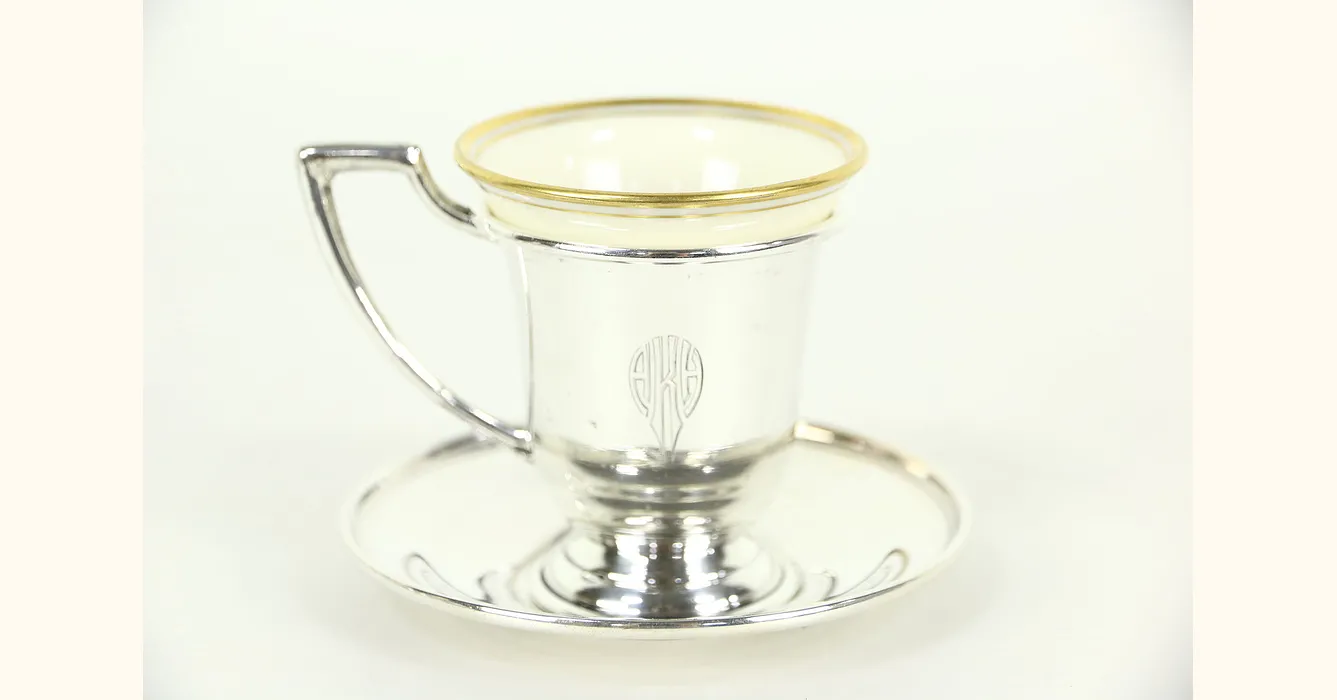 Set of 6 Sterling Silver Espresso Coffee Cups & Saucers, Lenox Liners