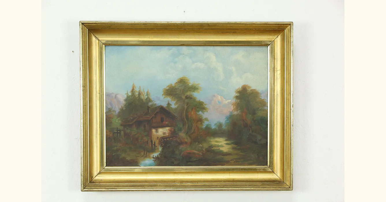 Mill & Stream Antique Victorian Original Oil Painting on Canvas