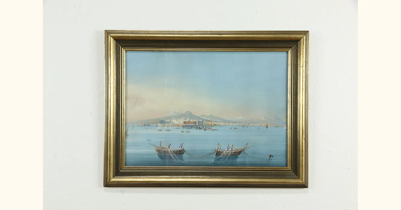 Fishermen in Naples & Vesuvius Antique Original Watercolor Painting 30