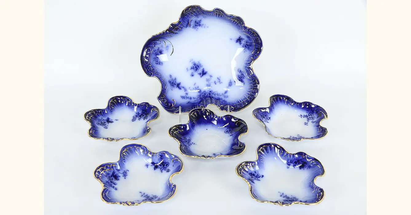 Flow Blue Victorian Antique China Set 5 Berry Bowls & Master, La Belle