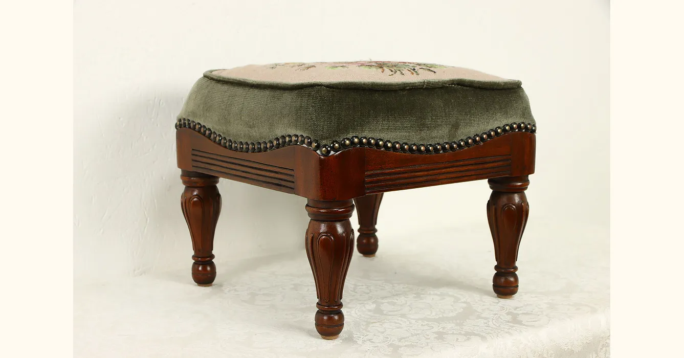 Carved Mahogany 1910 Antique Footstool, Hand Stitched Needlepoint Upholstery