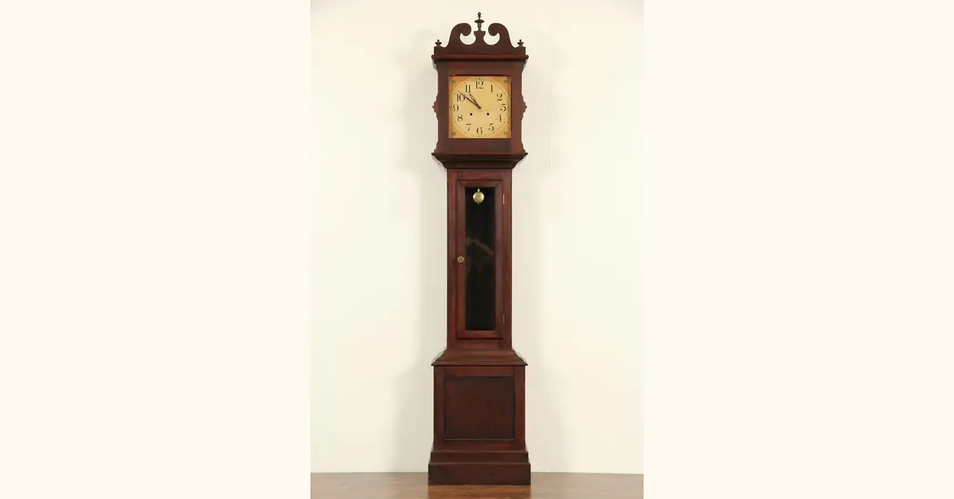 Ithaca Cherry Antique 1910 Grandfather Tall Case Clock, Quartz Battery  Movement