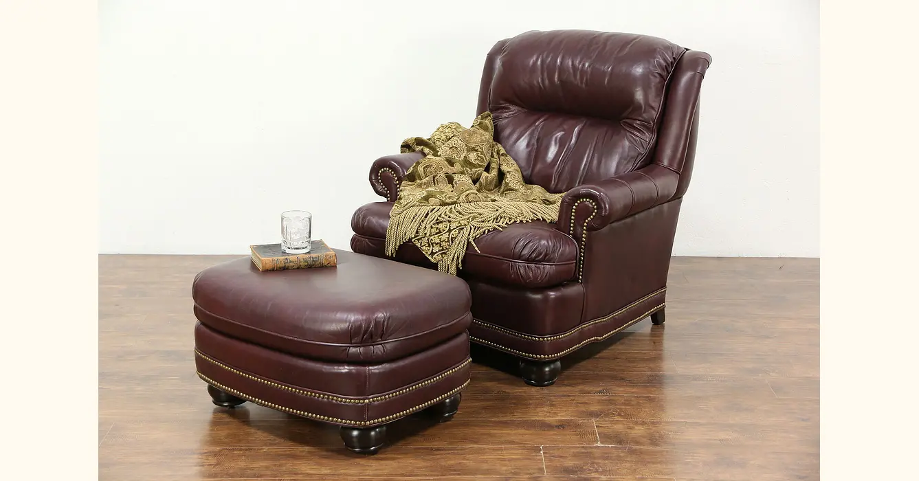 Leather Master Red Leather Lounge Chair and Ottoman - A Pair