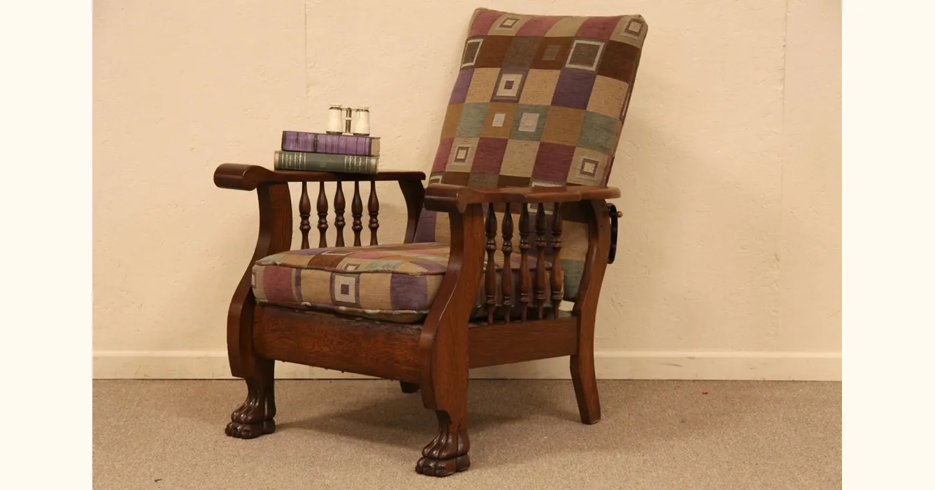 Oak Antique 1900 Morris Recliner Chair, Lion Paw Feet, Recent