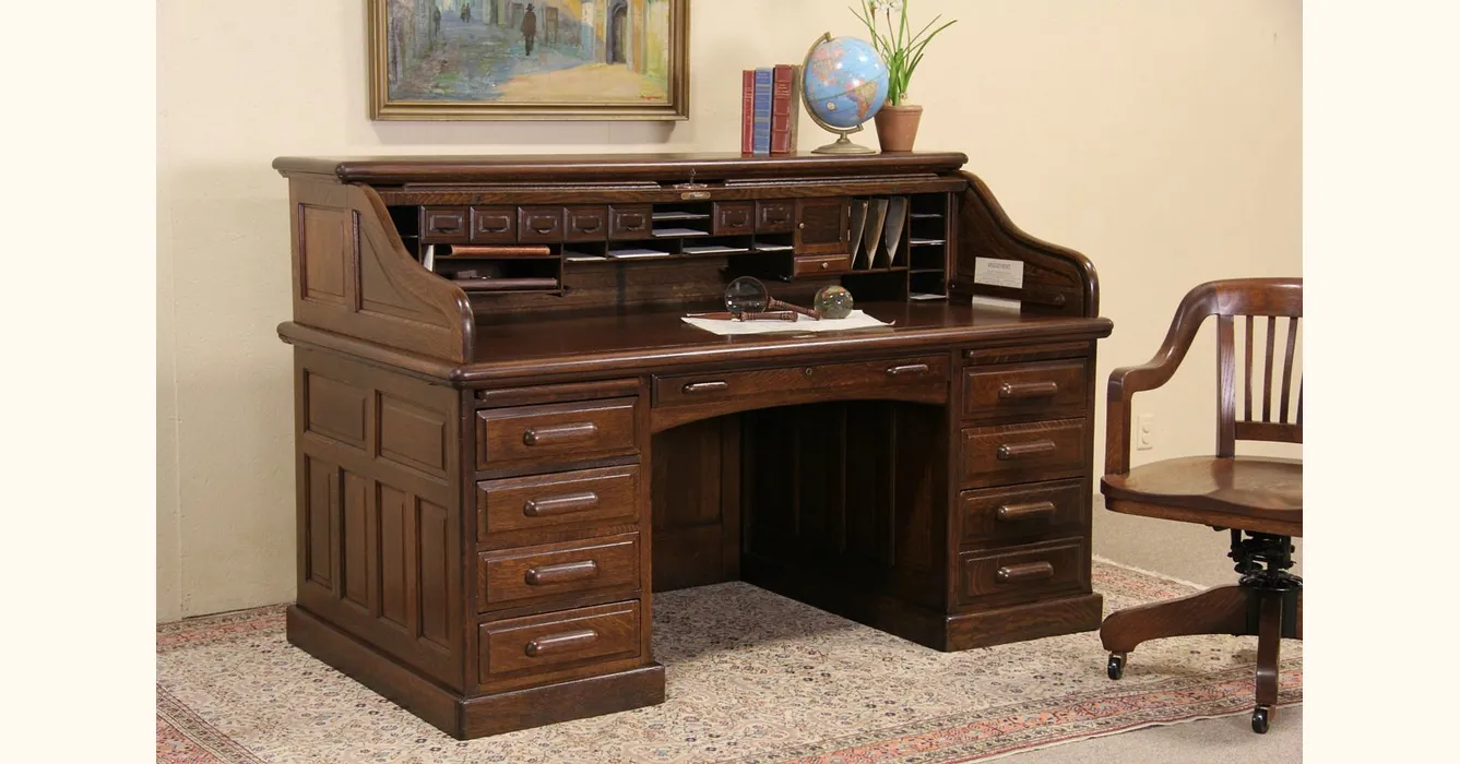 Globe Wernicke Signed Oak 1900 Antique Roll Top Desk, Raised Panels