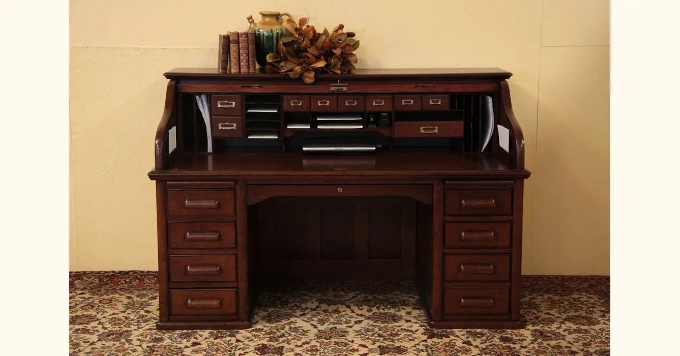  Roll Top Desk Solid Oak Wood - 54 Inch Deluxe Executive Rolltop  Desk Burnished Walnut Stain for Home Office Secretary Organizer Roll Hutch  Top Easy Assembly Quality Crafted Construction : Home