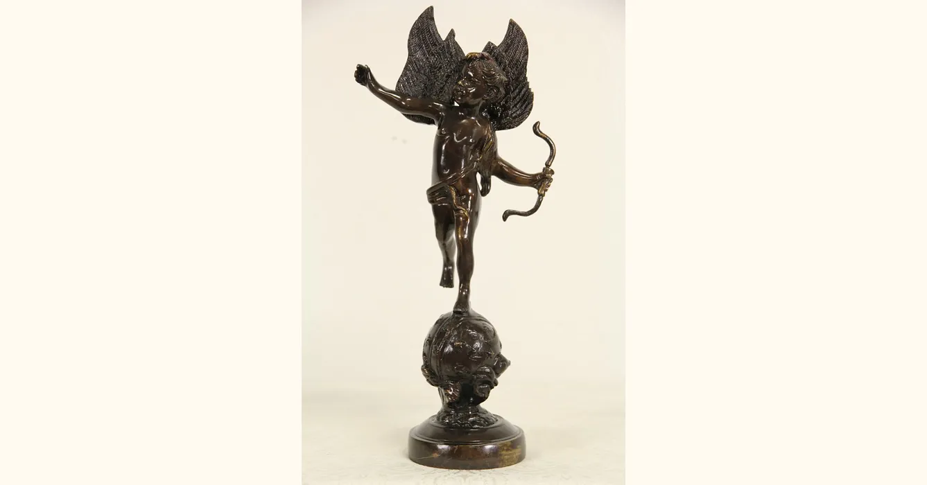 Cupid Angel Bronze Sculpture, Vintage Statue with Bow on Globe