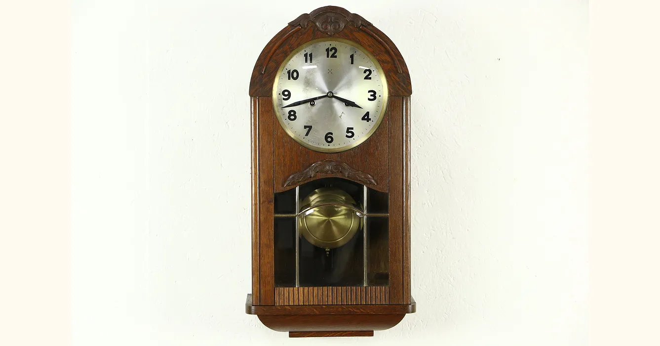 Junghans Oak German 1910 Antique Wall Clock Beveled Leaded