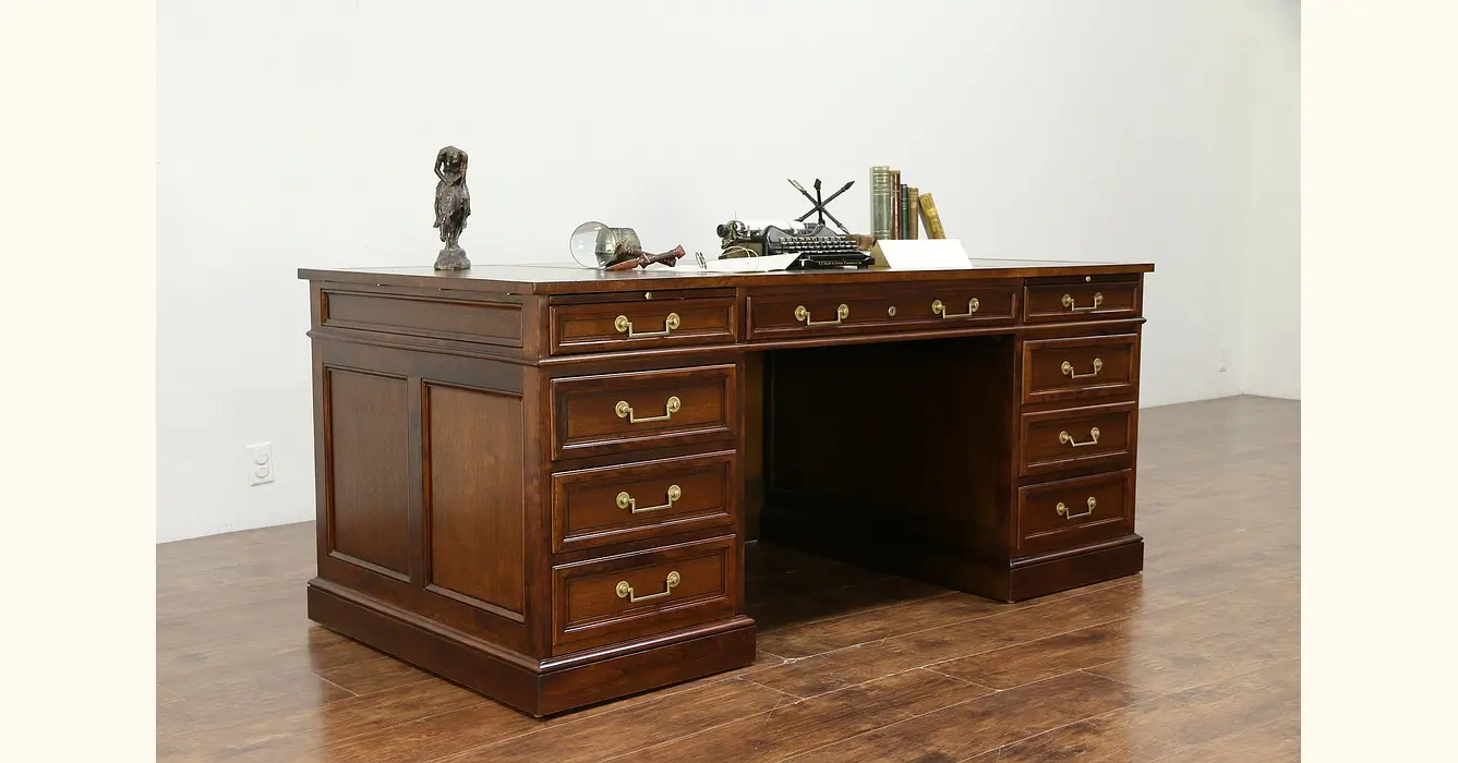 Vintage Mid Century Gold Embossed Leather Drawered Desk Top File