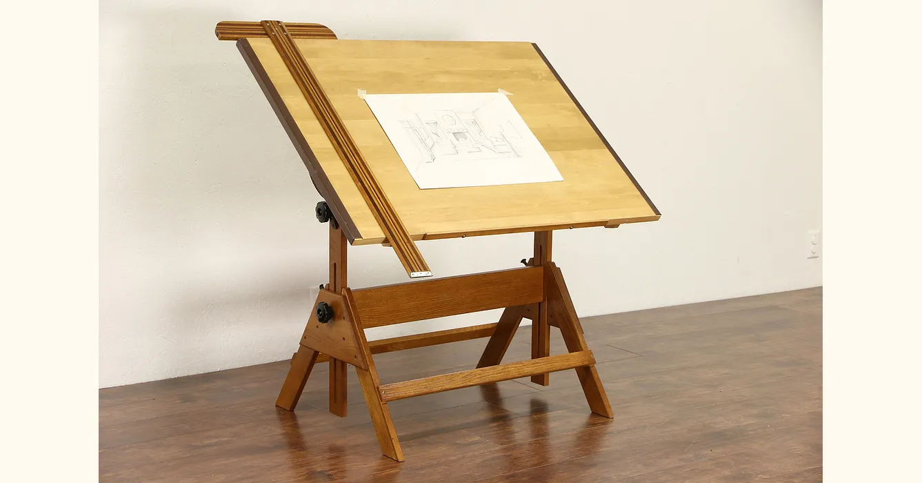 Drafting Table, 1992 Vintage Adjustable Drawing or Artist Desk, Wine Table