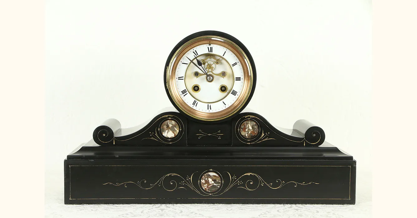 French Black Marble Antique 1880 Mantel Clock, Open Escapement