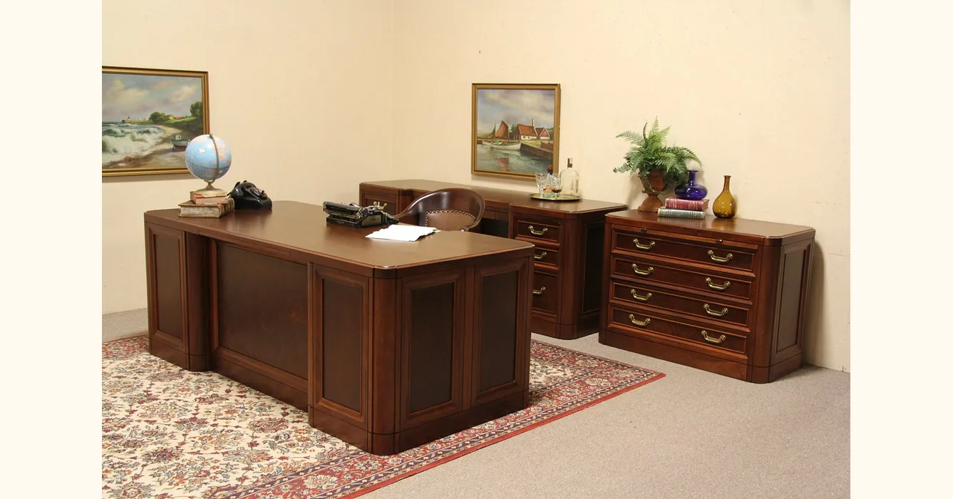 Executive Desk, 3-Pc Carved Dark Wood