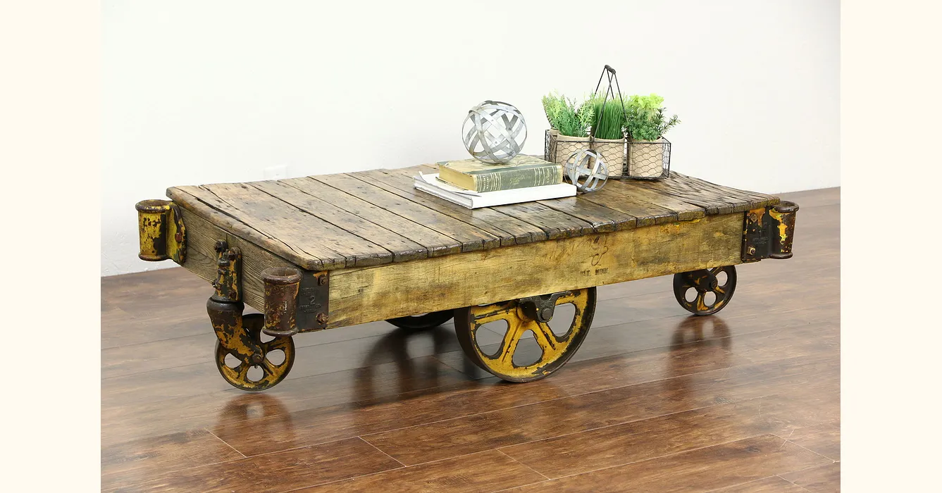 Industrial 1910 Antique Salvage 4 Wheel Factory Cart or Coffee Table