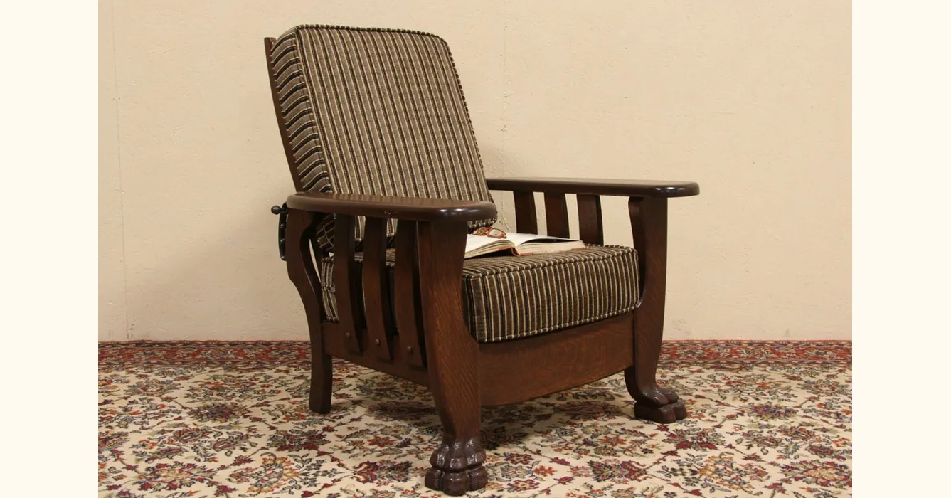 Oak Antique 1900 Morris Recliner Chair, Lion Paw Feet, Recent