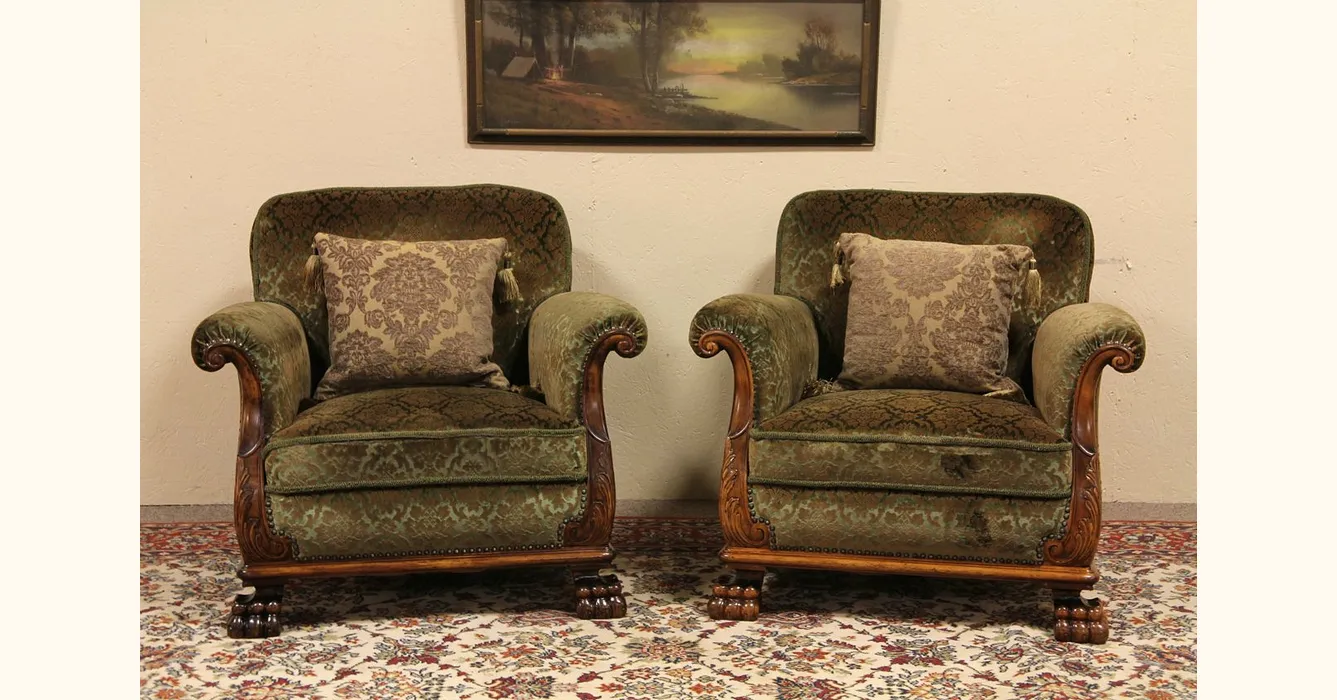 Pair 1940 Armchairs, Carved Lion Paw Feet