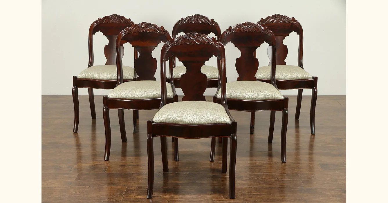 Set of 6 Antique 1825 Empire Mahogany Dining Chairs, New Upholstery