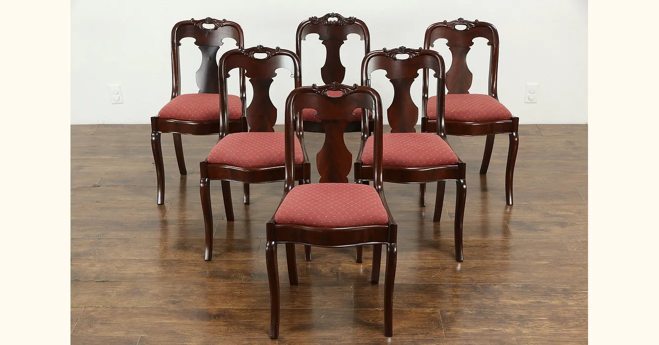 Set of 6 Empire Antique Carved Mahogany Dining Chairs, New Upholstery