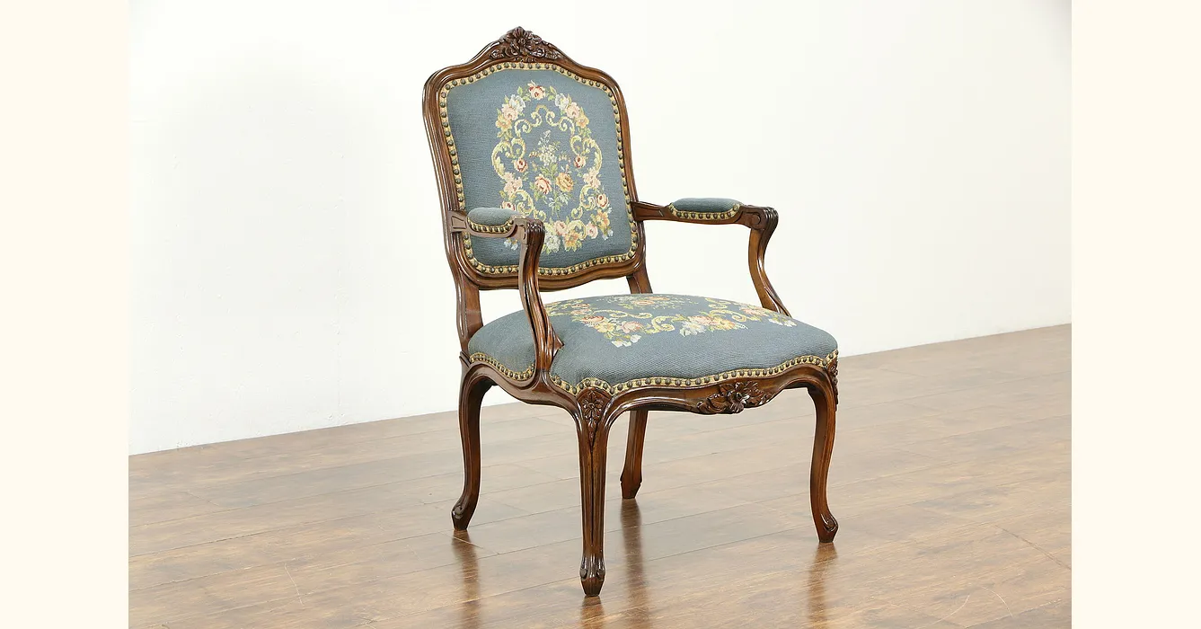 Country French Antique Chair, Handstitched Needlepoint