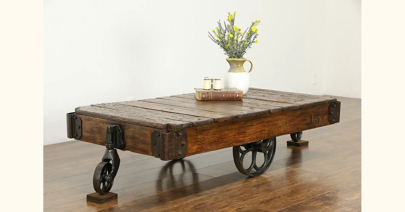 Industrial Salvage Antique Oak & Iron Railroad Cart, Coffee Table