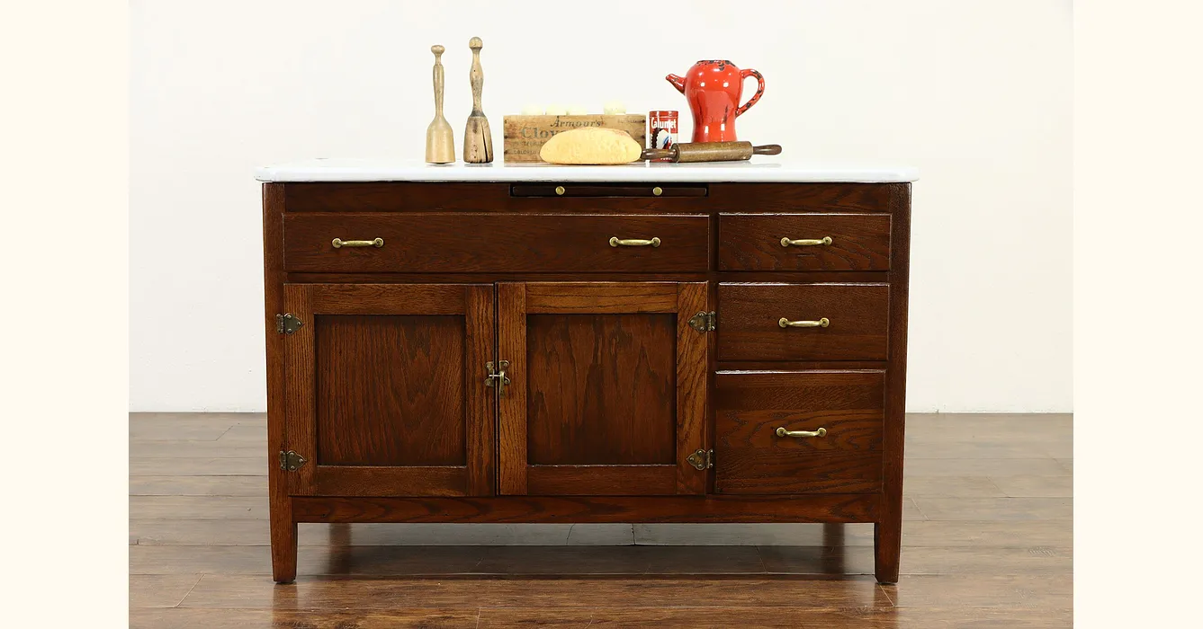 Farmhouse Antique Oak Kitchen Pantry Cabinet Base, Enamel Top