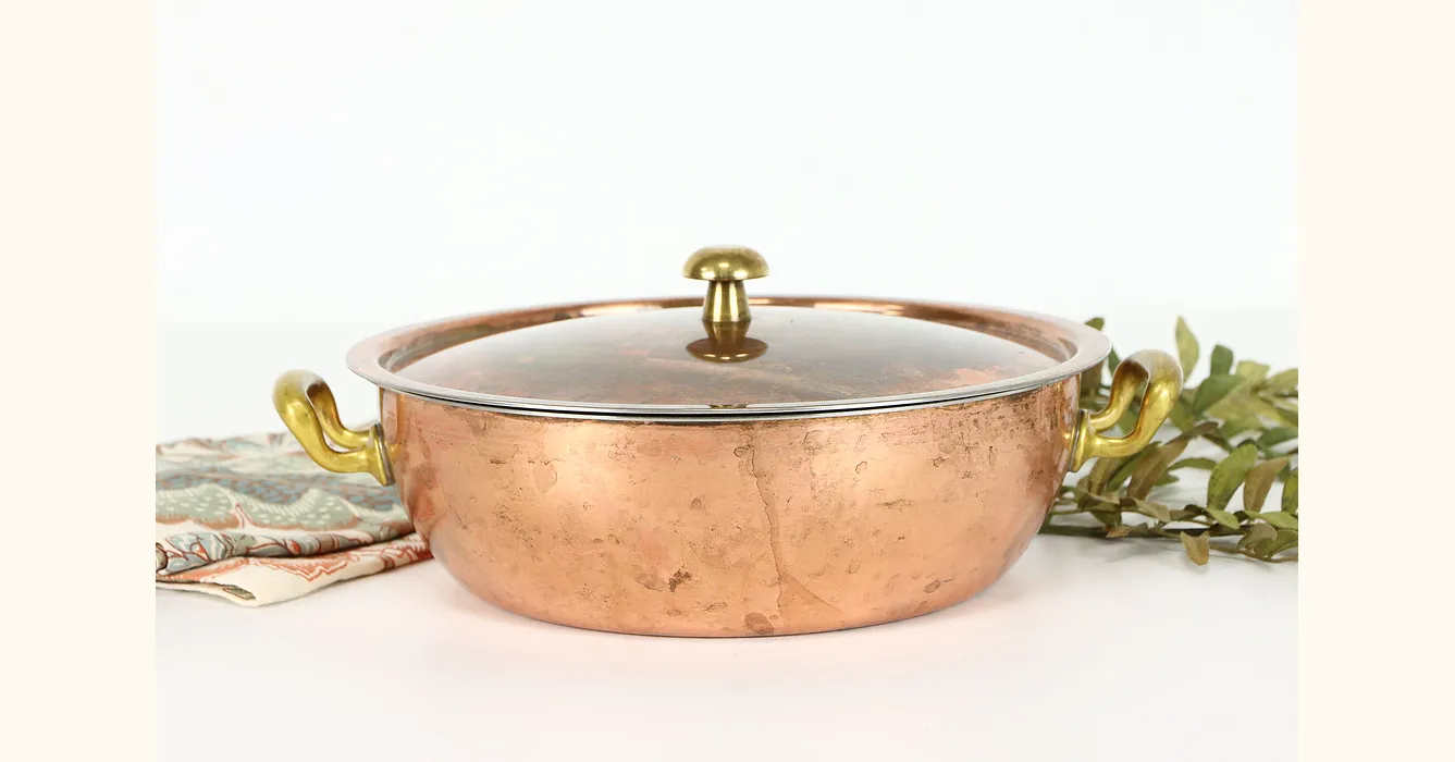 Farmhouse Vintage Solid Copper Sauce Pot with Lid, Copral Portugal